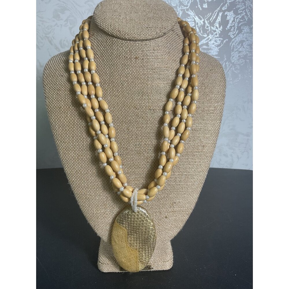 Handcrafted Wooden & Bead Multistrand Necklace With Pendant